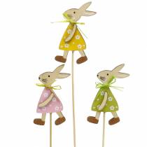 Article Lapin en bois sur bâton vert, jaune, rose 8cm 12 pièces