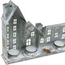 Article Maisons pour l&#39;éclairage, décorations de fenêtres, maisons lumineuses argent, lumière du vent en métal aspect antique L67.5cm H20cm