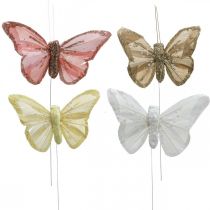 Article Papillons avec mica, décoration de mariage, bouchons décoratifs, plume papillon jaune, beige, rose, blanc 9.5×12.5cm 12pcs