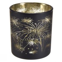 Élégante Lanterne en Verre au Design Feux d&#39;Artifice - Pack de 6 Noir et Or 9cm - Décoration idéale pour les occasions festives