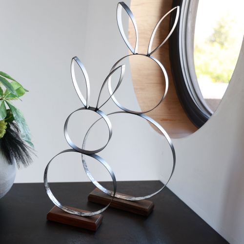 Article Lapin de Pâques lapins argent noir métal bois 13,5×37cm