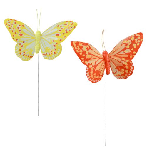 Papillons décoratifs sur plumes en fil orange jaune 7×11cm  12pcs-16047
