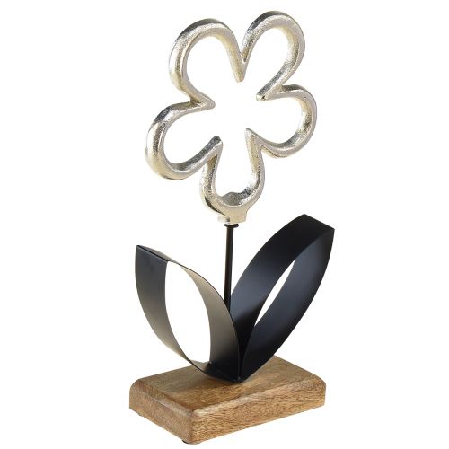 Décoration Métal Fleur Argent Base Bois Noir 15×30cm