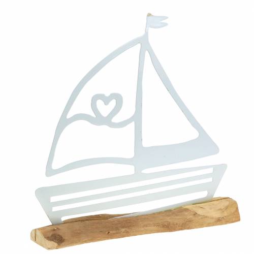 Bateau sur socle en bois métal blanc 25cm H24.5cm