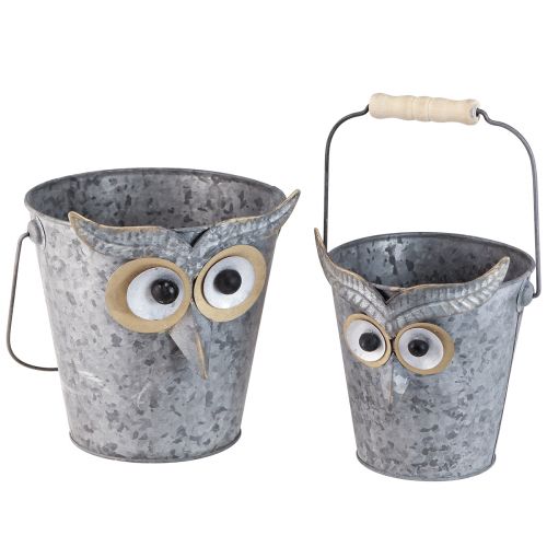 Jardinière décorative seau hibou zinc avec anse Ø15/19cm lot de 2