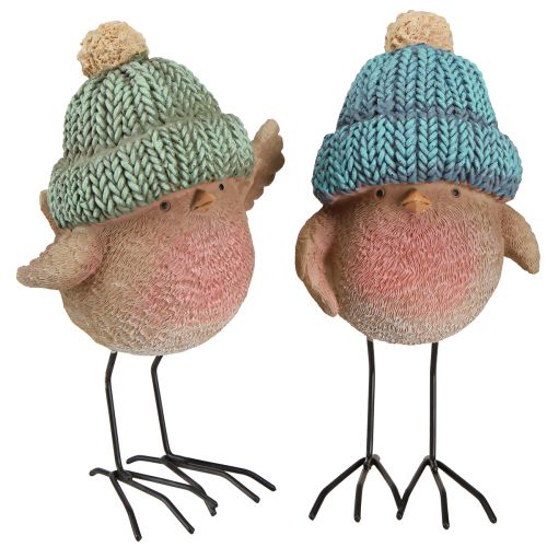 Oiseau déco avec chapeau décoration hiver bleu vert H18cm 2pcs