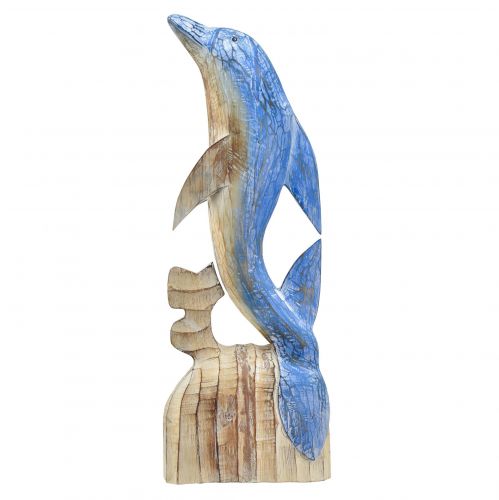 Article Figurine Dauphin décoration maritime en bois sculptée à la main bleu H59cm