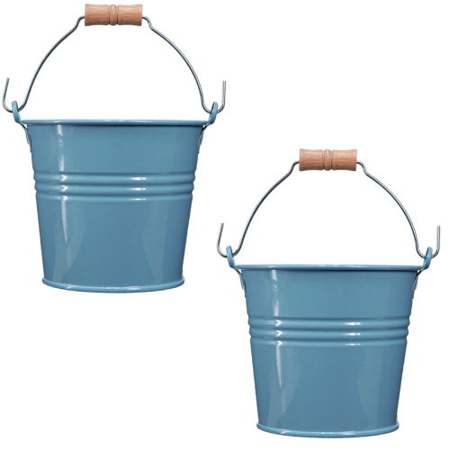 Article Seau décoratif métal manche bois pot de fleur bleu H16cm 2pcs