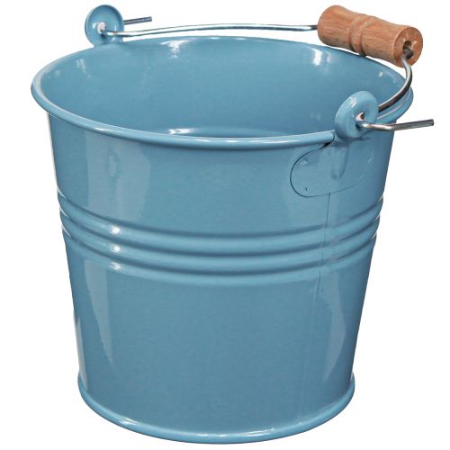 Article Seau décoratif métal manche bois pot de fleur bleu H16cm 2pcs