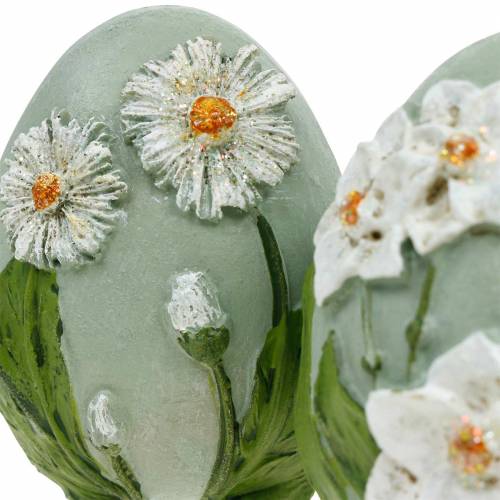 Floristik24 Oeufs de Pâques avec motif de fleurs marguerites et jonquilles bleu, vert plâtre assorti 2pcs