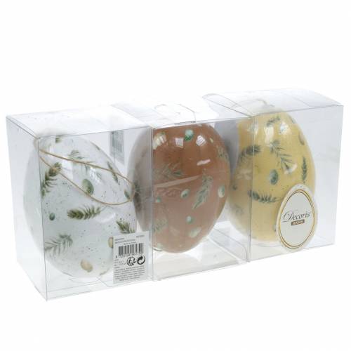 Floristik24 Oeufs de Pâques à suspendre avec motif oeufs et plumes blanc, marron, jaune assortis 3pcs