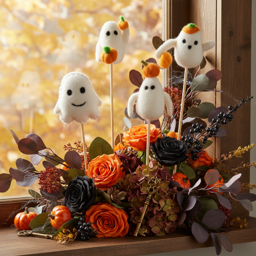 Article Figurines fantômes sur bâton en bois 54 cm décoration Halloween - Lot de 8