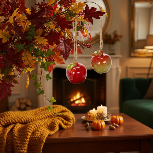 Article Pomme décorative en céramique à suspendre 5 cm rouge et vert - Lot de 4