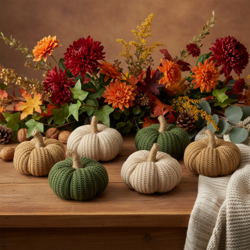 Article Citrouilles décoratives tricotées en coton – Set de 6 – 10 cm et 8 cm – Marron, Beige, Vert – Décoration d’automne