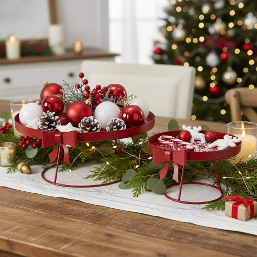 Article Ensemble de plateaux décoratifs en métal rouge avec nœud, 30 cm et 25 cm, lot de 2