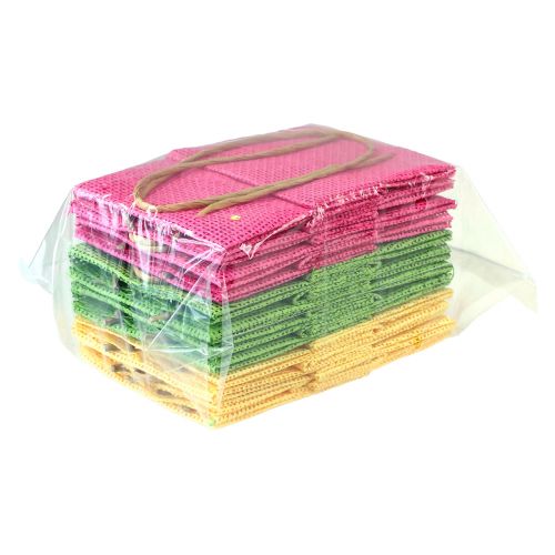 Article Sacs cadeaux avec poignées papier rose jaune vert aspect textile 10,5cm 12pcs