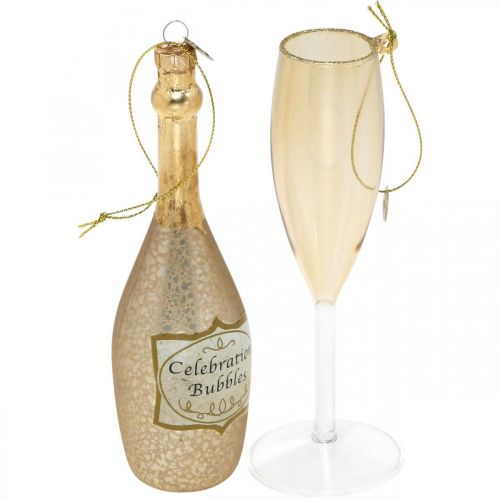 Floristik24 Bouteille et verre de champagne, décorations de sapin, anniversaire, décorations en verre à accrocher, set de 2 verres véritables réveillon du nouvel an H14.5cm