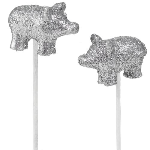 Floristik24 Cochon porte-bonheur Nouvel An porte-bonheur sur bâton argent 3cm 6pcs