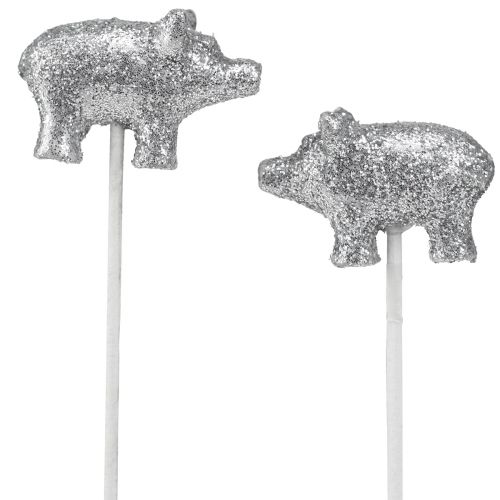 Article Cochon porte-bonheur Nouvel An porte-bonheur sur bâton argent 3cm 6pcs