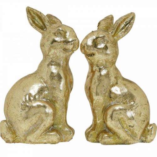 Article Lapin doré décoration assis aspect antique Lapin de Pâques H12,5cm 2pcs