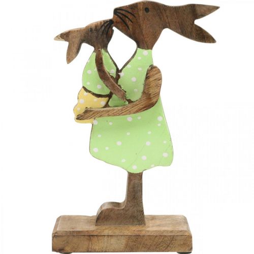 Article Lapin maman avec enfant, décoration de Pâques, printemps, lapin de Pâques en bois, naturel, vert, jaune H22cm