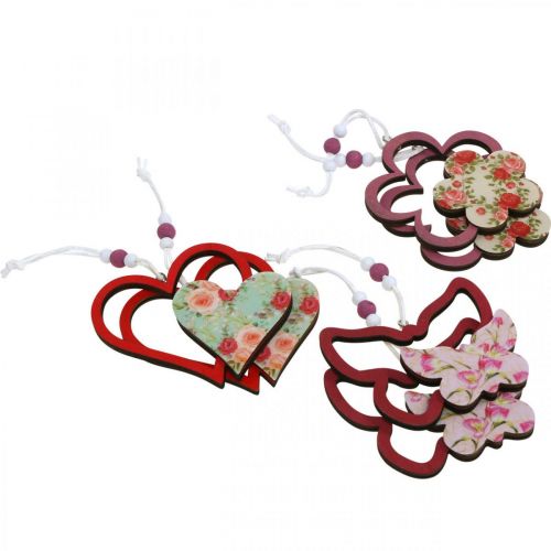 Article Pendentif printemps, fleur coeur papillon, décoration en bois avec motif fleur H8.5/9/7.5cm 6pcs