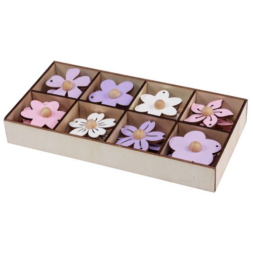 Article Fleurs en bois à suspendre décoration bois violet, rose, blanc 4,5cm 24pcs