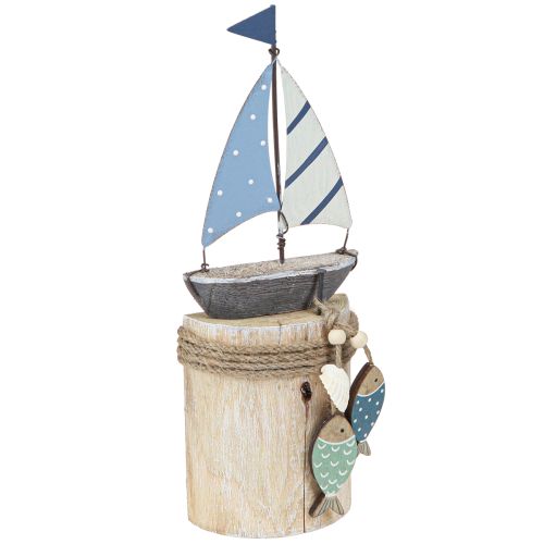 Décoration maritime voilier bois avec poisson blanc bleu H24cm