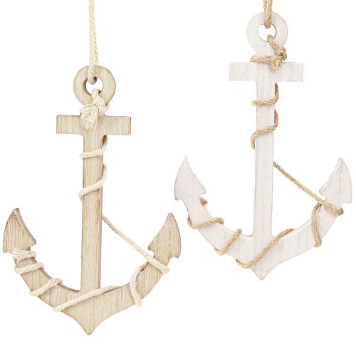 Ancre maritime en bois à suspendre blanc naturel 13,5×20cm 2 pcs