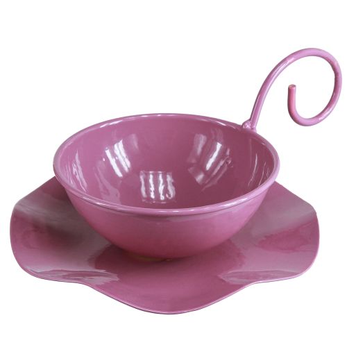 Tasse décorative en métal avec soucoupe rose H8cm Ø11,5cm 2pcs