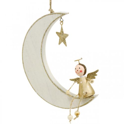 Article Décoration de l&#39;Avent, ange sur la lune, décoration en bois à suspendre blanc, doré H14,5 cm L21,5 cm 3 pcs