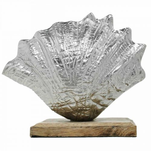 Article Coquille à mettre en place, décoration métal maritime avec socle en bois argent, naturel 16×19cm