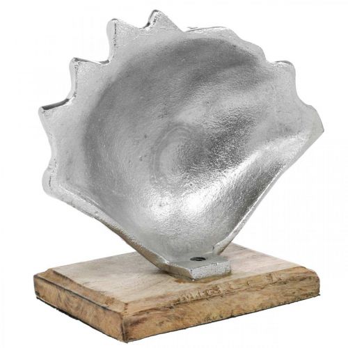 Article Coquille à mettre en place, décoration métal maritime avec socle en bois argent, naturel 16×19cm