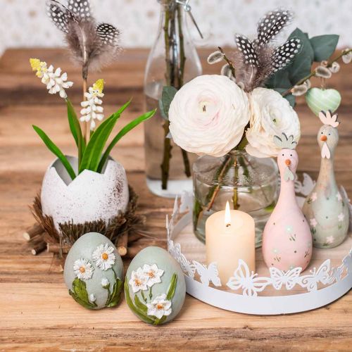 Floristik24 Oeufs de Pâques avec motif de fleurs marguerites et jonquilles bleu, vert plâtre assorti 2pcs