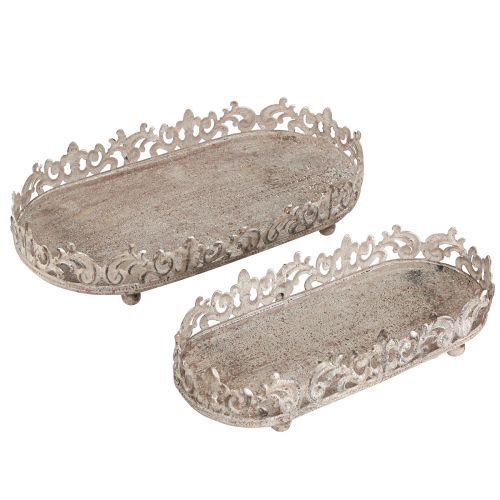 Plateau décoratif ovale aspect antique gris rouille 26/21cm lot de 2 pièces