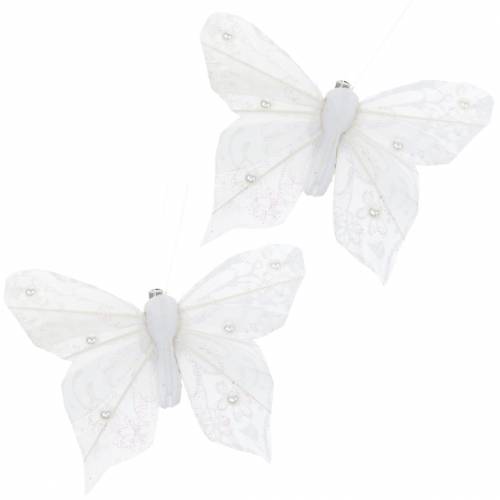 Plume papillon sur clip blanc 10 cm 12 pcs