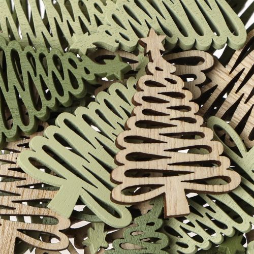 Article Étoiles en bois Motif sapin de Noël Marron Vert 3×4,5cm 72pcs