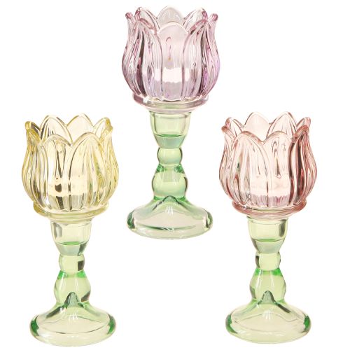 Photophore en verre fleur photophore verre 3 couleurs Ø7cm H16cm 3pcs