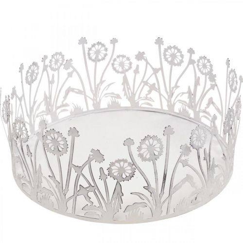 Article Plateau déco avec pissenlits, décoration métal pour printemps blanc, argenté shabby chic Ø25cm H10.5cm