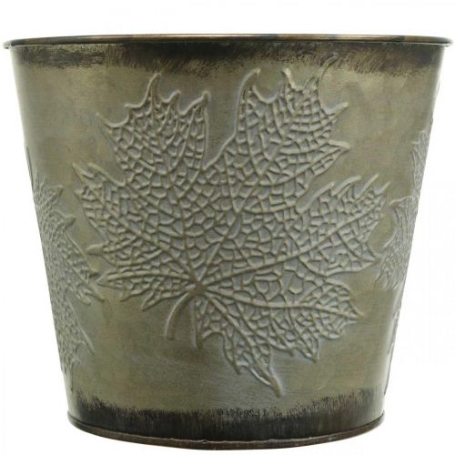 Article Jardinière pour l&#39;automne, seau en métal à décor de feuilles, vase en métal doré Ø14cm H12.5cm