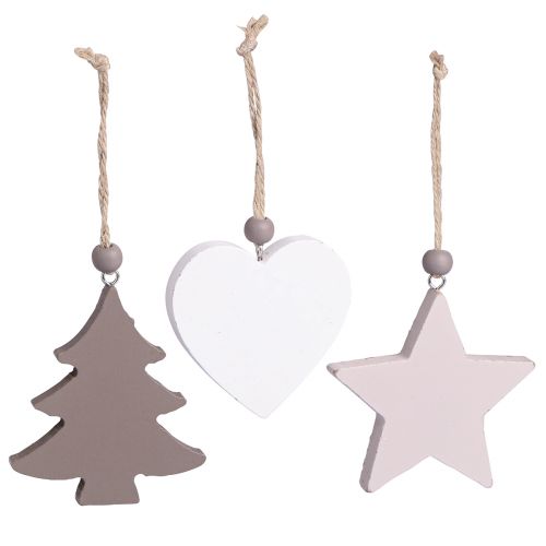 Article Pendentif de Noël étoile arbre coeur bois 6,5/7cm 6 pcs