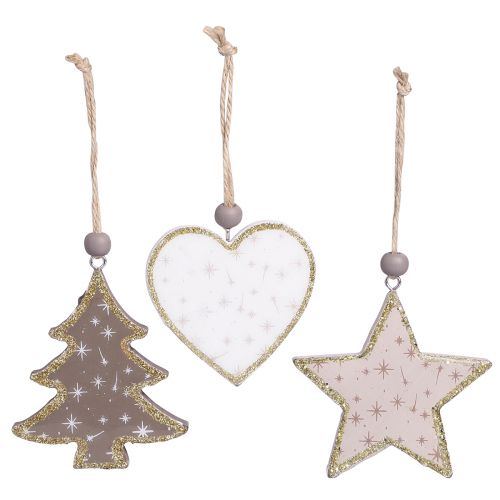 Article Pendentif de Noël étoile arbre coeur bois 6,5/7cm 6 pcs