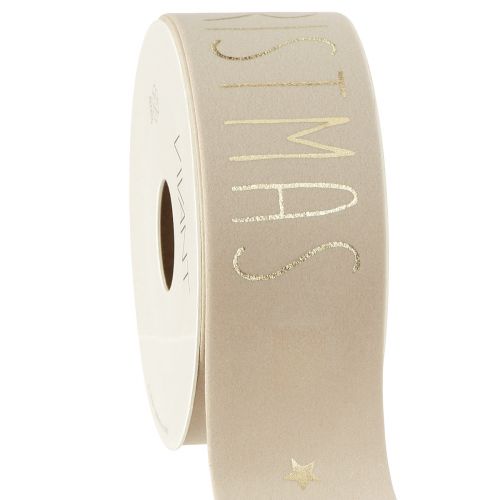 Article Ruban de Noël velours beige Joyeux Noël Or W40mm L5m