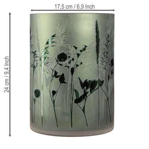 Article Lanterne grande déco en verre blanc vert motif prairie H24cm