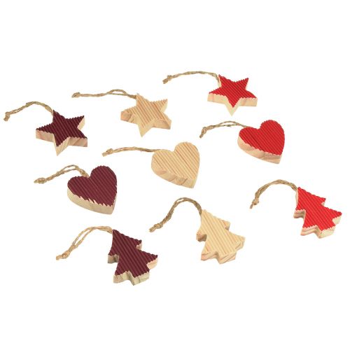 Article Décorations pour sapin de Noël coeur en bois arbre étoile rouge 4,5 cm 9pcs