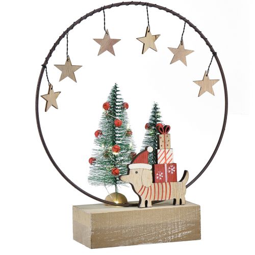 Bague décorative bois métal Noël avec chien Ø21cm H25cm