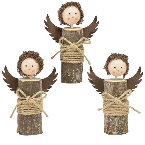 Ange avec boucles décoration en bois Noël naturel H15cm 3pcs