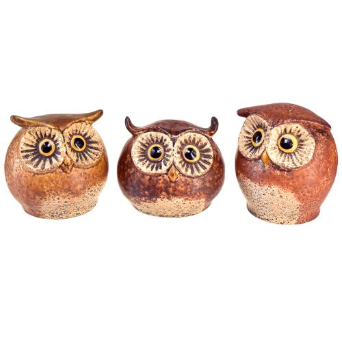 Charmantes figurines de chouettes en céramique en lot de 3 - design détaillé en marron et crème, 10,5 cm - décoration parfaite pour les espaces de vie et de travail