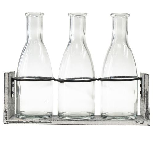 Article Ensemble de bouteilles rustiques dans un support en bois - 3 bouteilles en verre, gris-blanc, 24x8x20 cm - Polyvalent pour la décoration