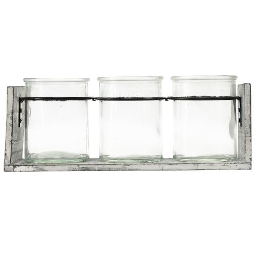 Article Récipient en verre rustique dans un support en bois gris et blanc - 27,5x9x11 cm - Solution de rangement et décorative polyvalente